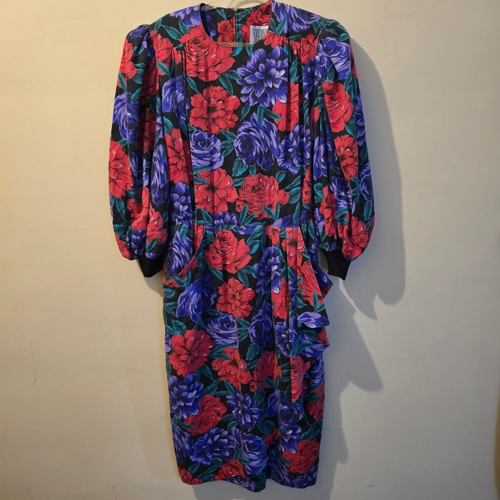 Vintage 80s Sabino Floral Midi Dress Women Size 14 Red Purple Puff Sleeve Ruffle